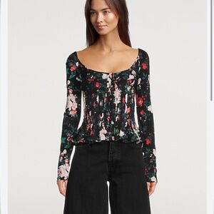 Paco Rabanne Floral Scoop-Neck Long Sleeve Top in Black and Pink